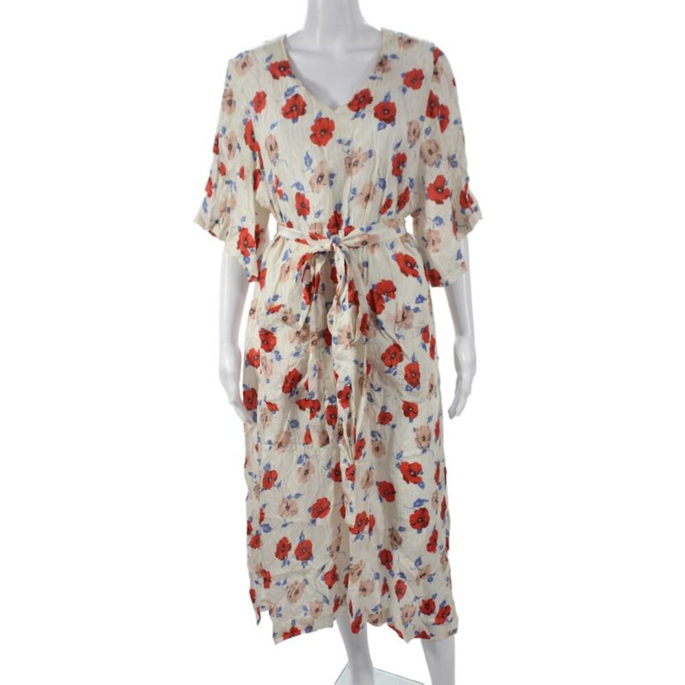 No. 6 Store Womens Maxi Floral V Neck Ivory Silk Dress Short Sleeve Size 1
